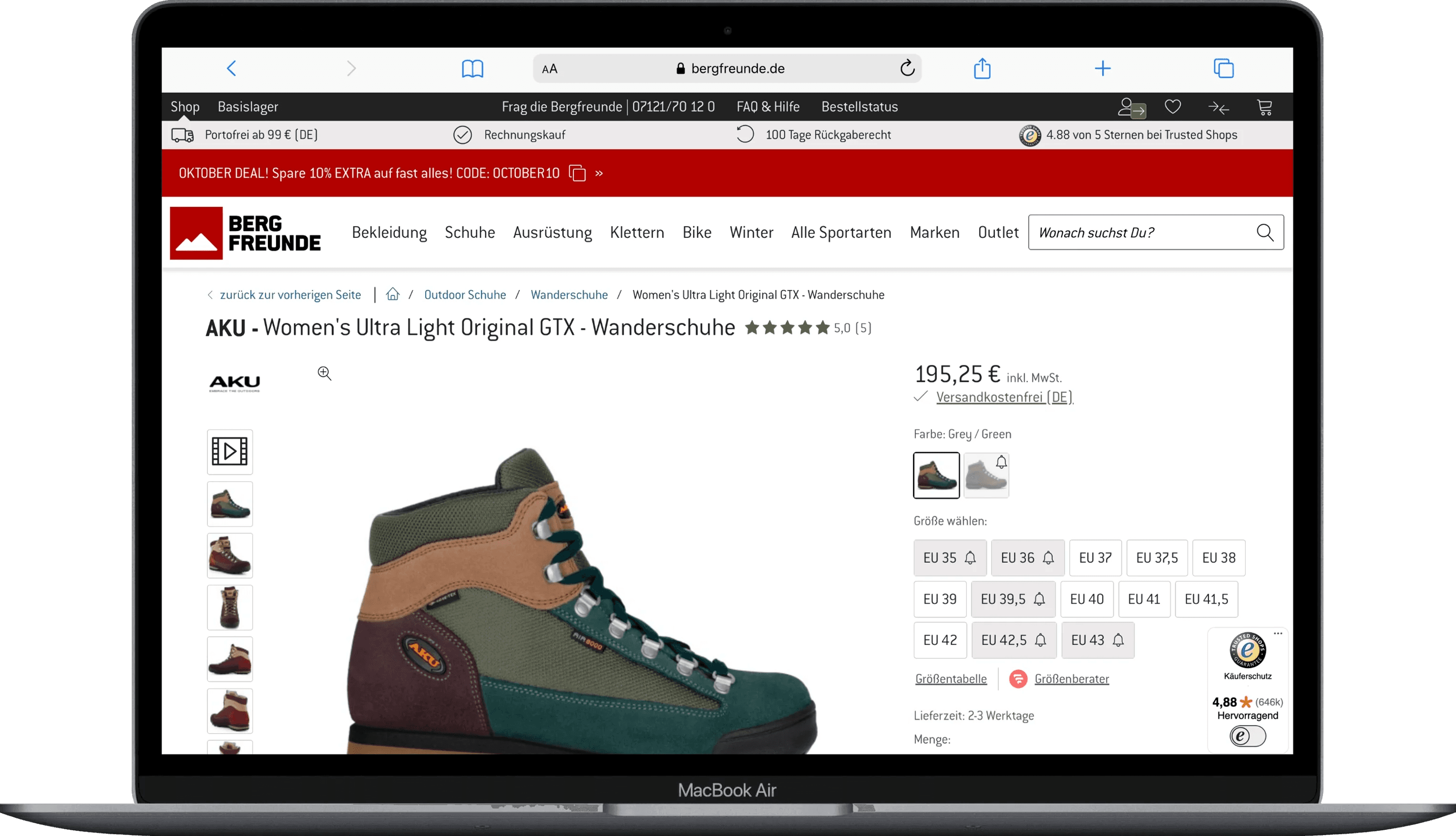 Desktopansicht mit Produktname, Schuhbild, Preis sowie Farb- und Größenwahl.