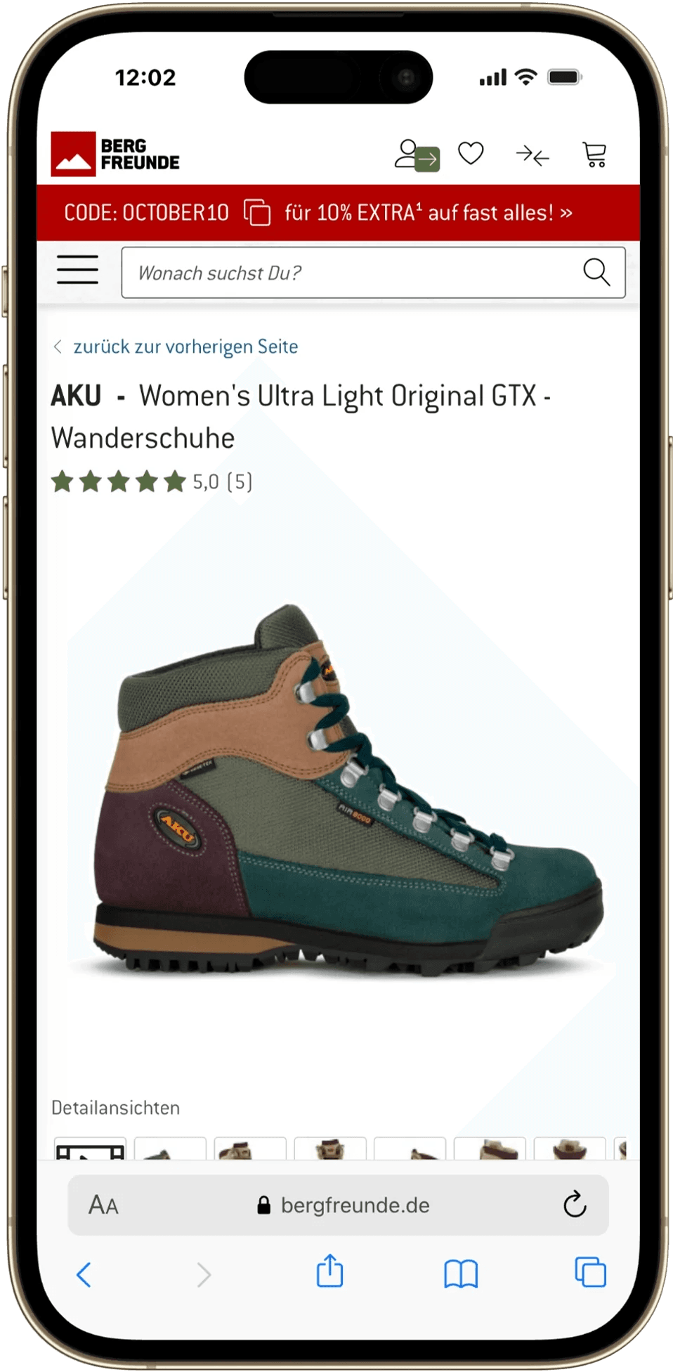 Mobile Ansicht mit Navigation, Produktname, Bewertung und Hauptbild des Wanderschuhs.