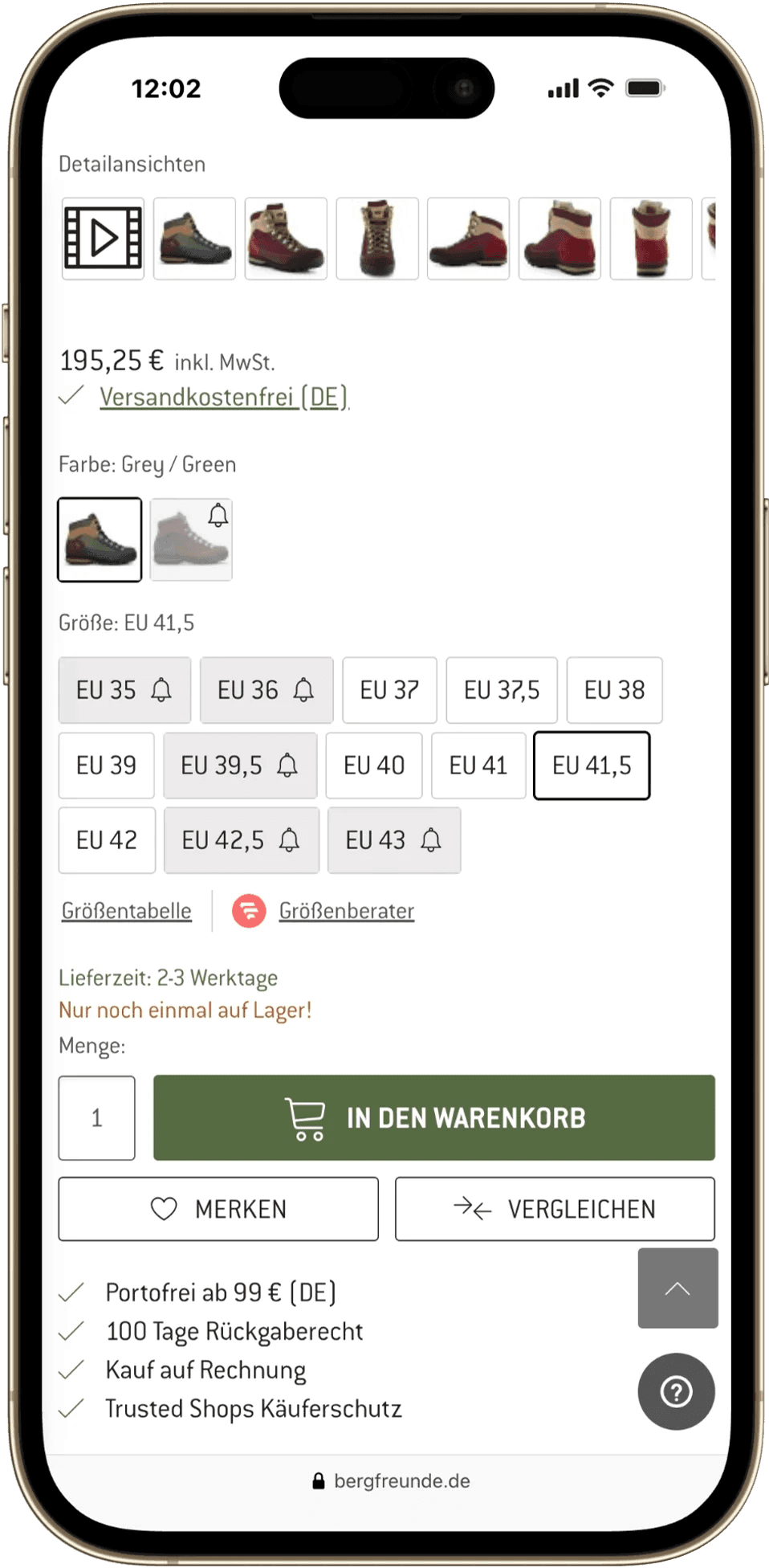 Mobil ausgewählte Größe EU 41,5, Lieferzeit und grüner Warenkorbbutton.