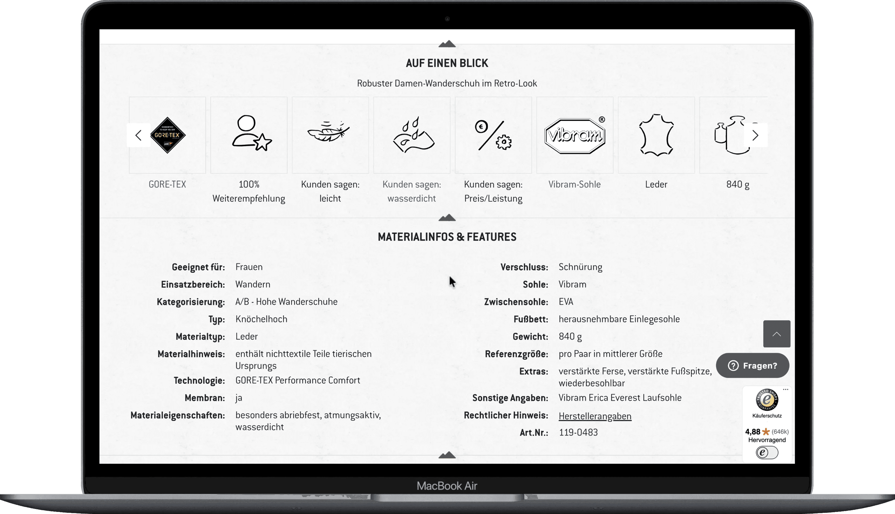 Materialinformationen mit Eigenschaften, Gewicht und zugehöriger Referenzgröße.