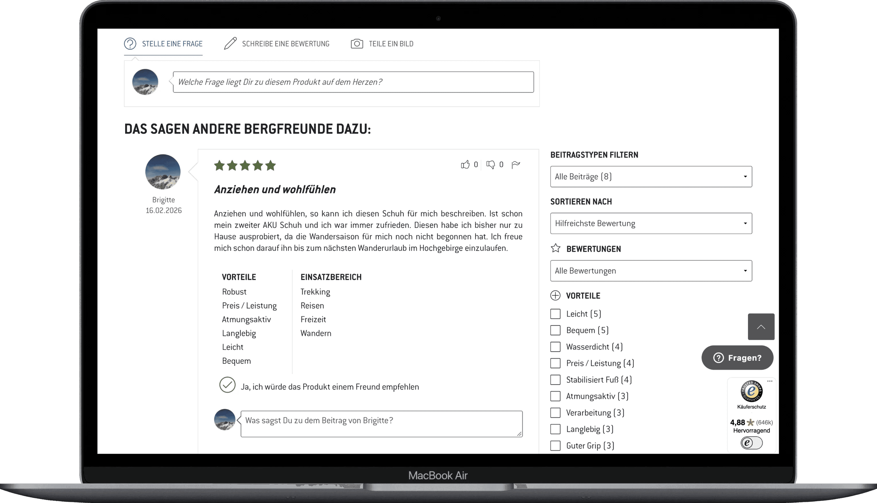 Bewertung mit Text zur bisherigen Nutzung zu Hause sowie Vorteilen und Einsatzbereichen.