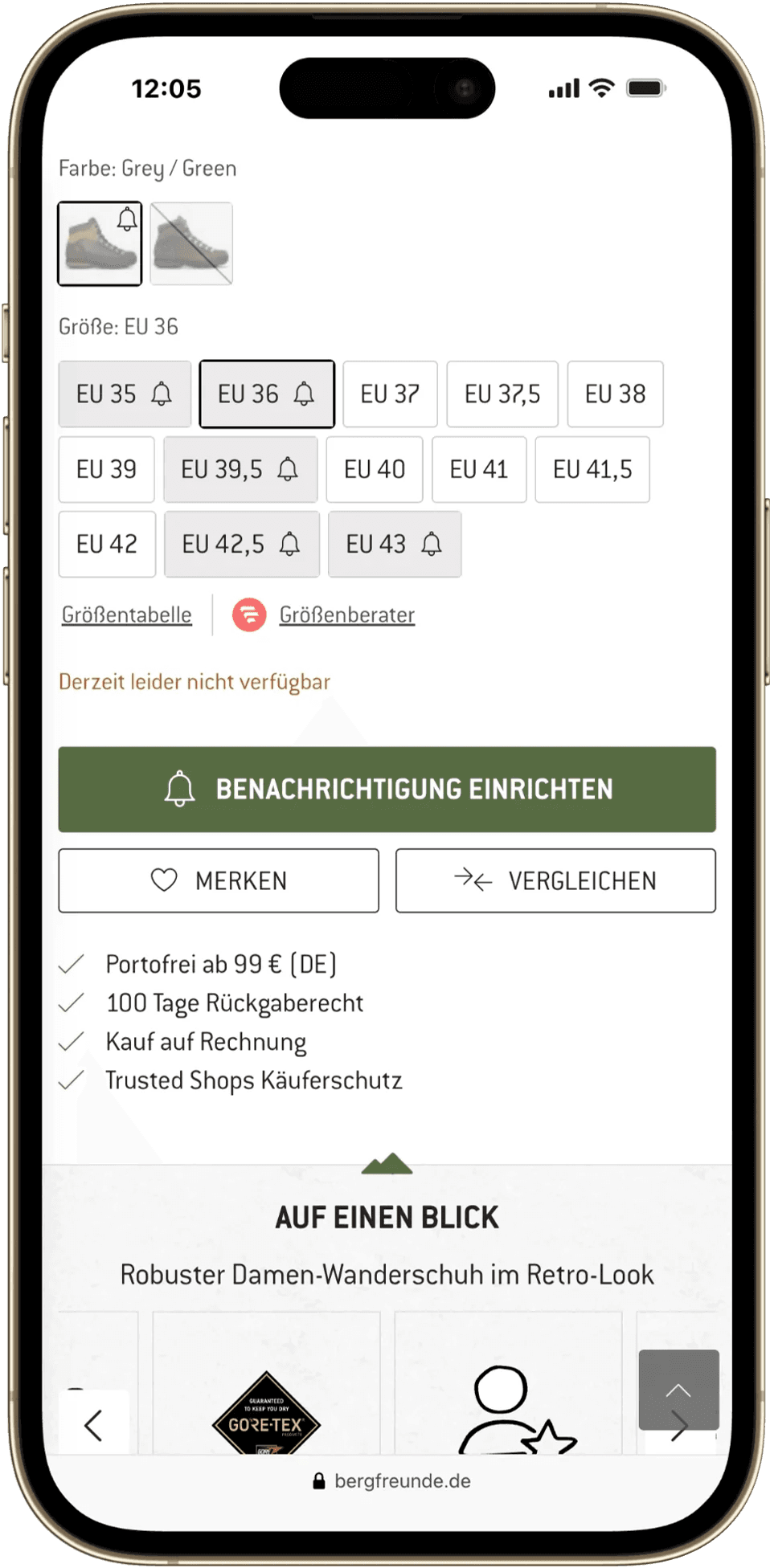 Mobil ausgewählte Größe EU 36 mit Hinweis auf fehlende Verfügbarkeit und Benachrichtigungsbutton.