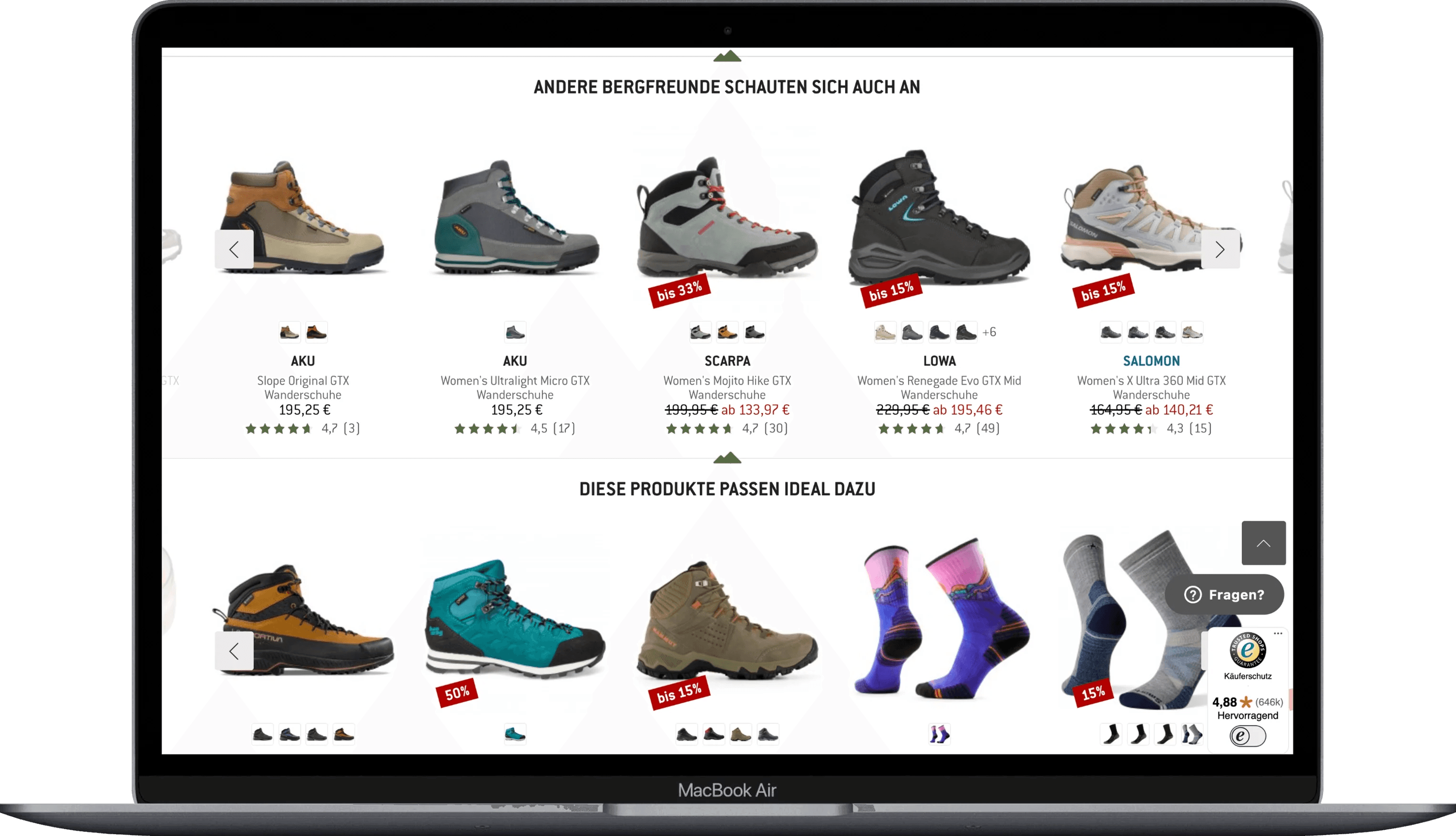 Zwei Empfehlungsreihen mit alternativen Wanderschuhen und weiteren Produkten einschließlich Socken.